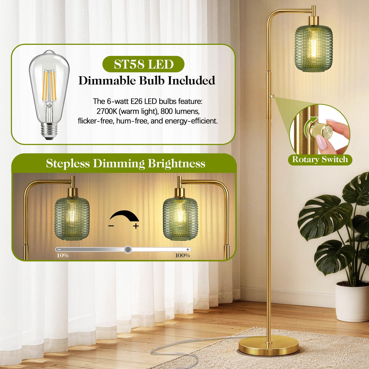 Modern Gold Green Floor Lamps, 67" Bedroom Standing Lamp