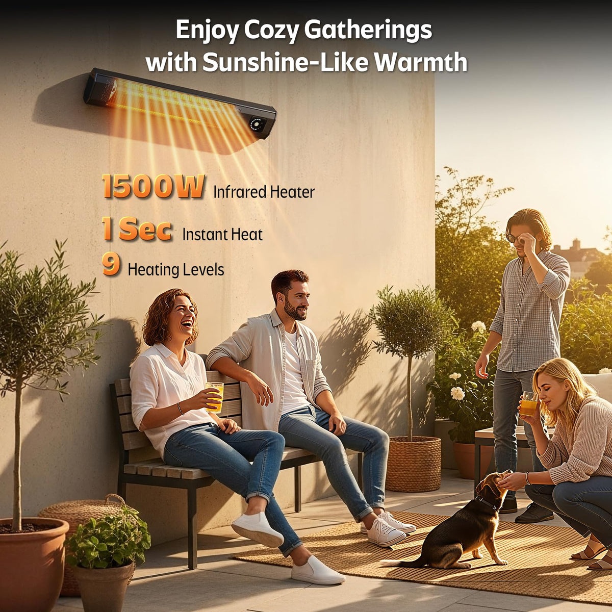 Wall-Mounted Electric Patio Heater, 34" 1500W Infrared Heater With Motion Sensor, IPX5 Waterproof, 9 Heat Level & 9H