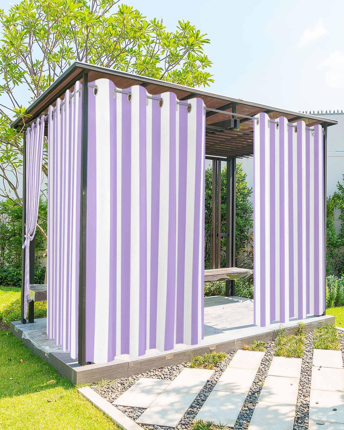 Stripe Outdoor Curtains Waterproof Outside Curtain 2 Panel, Purple White Window Treatment Drapes Vertical Striped