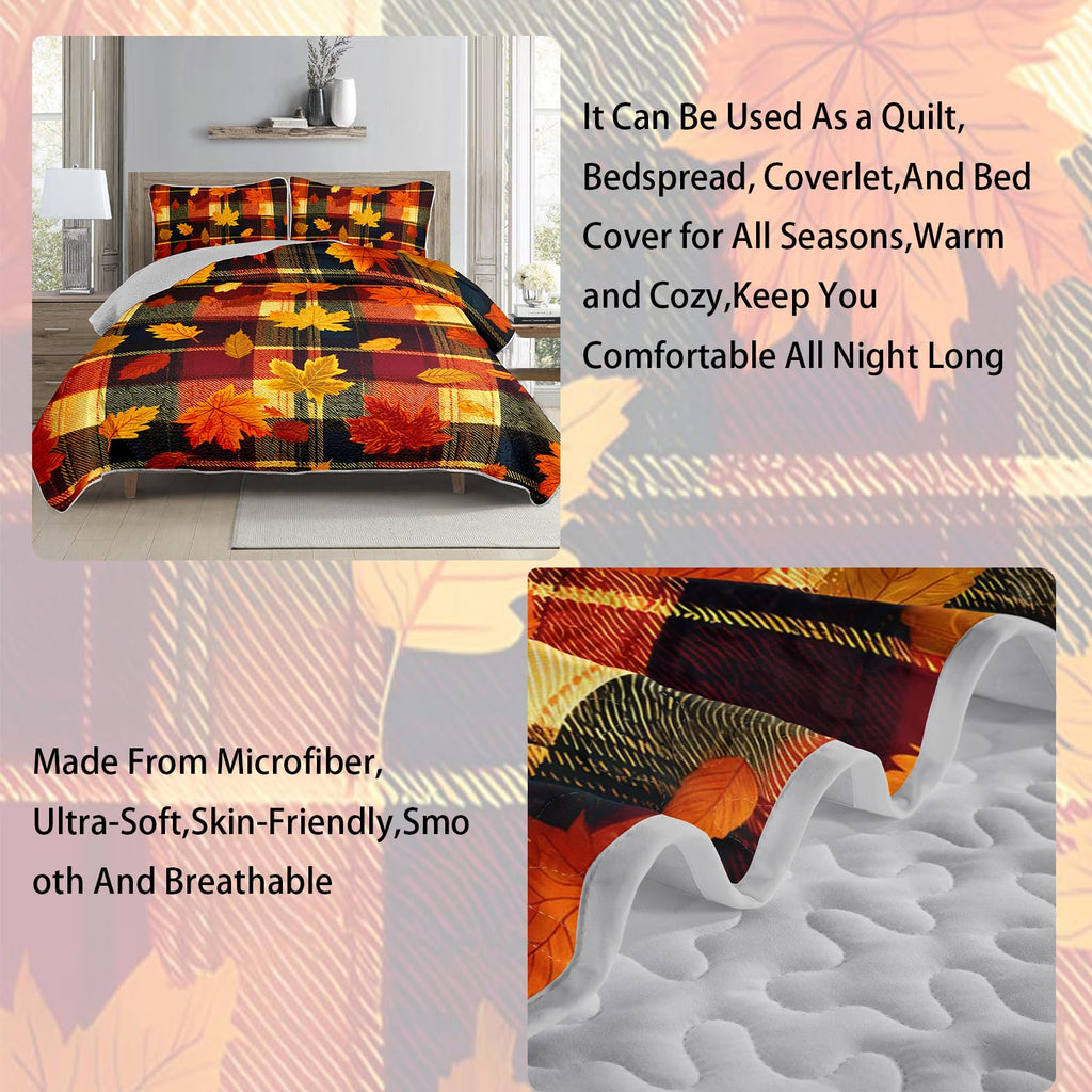 Fall Plaid Bed Cover 3 Piece, Includes 1 Quilt and 2 Pillow Shams, Scarlet Maple Motifs Dark Tartan Squares Warm