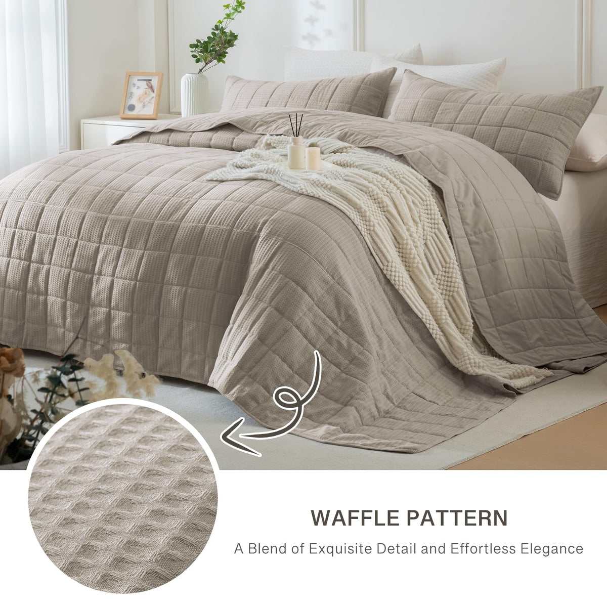 Quilt Bedding Set(Dark Khaki, 128"x120"), Luxury Waffle Weave Throw Quilt, Soft Lightweight Bedspread