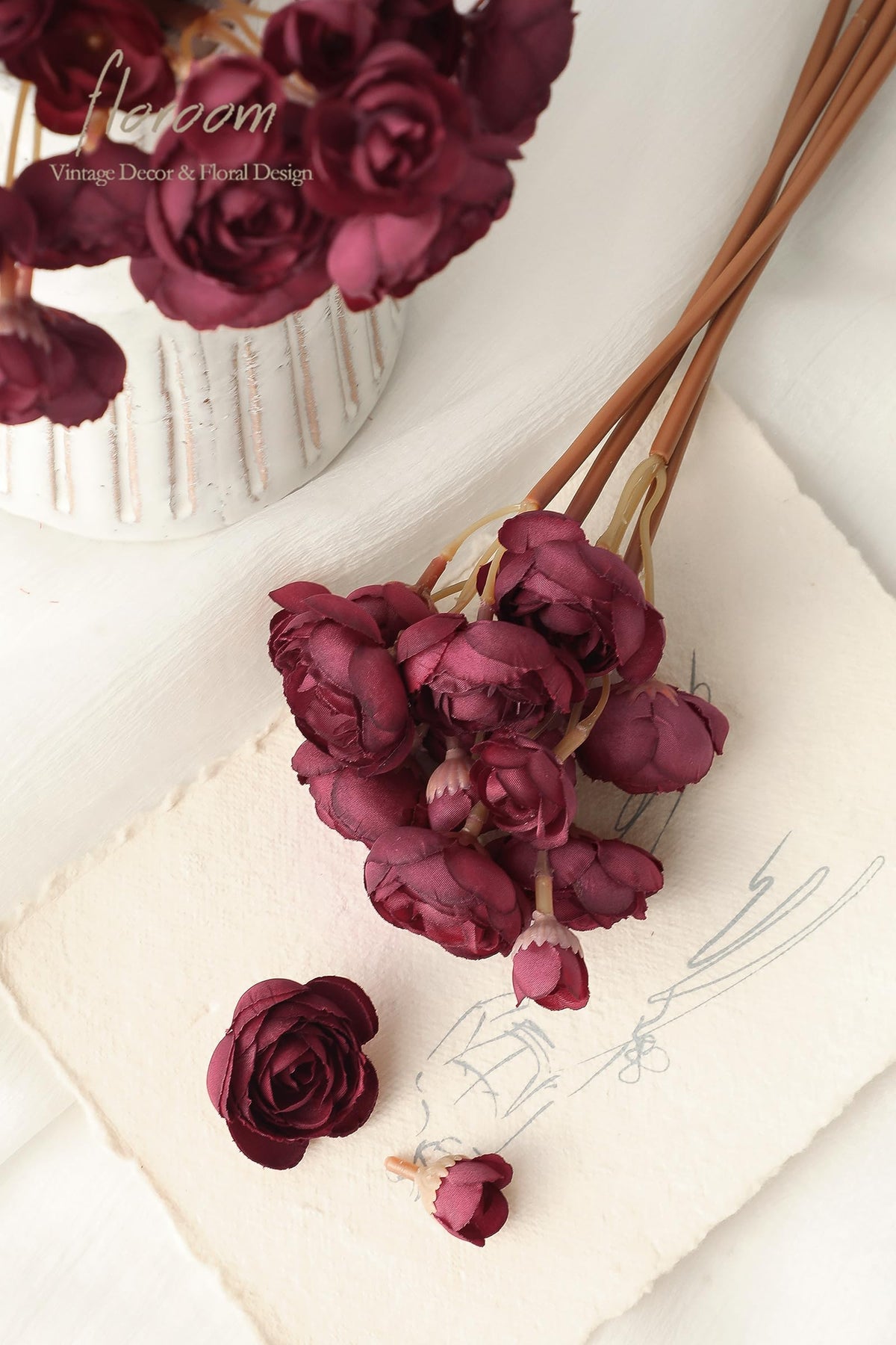 Ranunculus Artificial Flowers 18 Pcs Burgundy Faux Silk Mini Ranunculus Bulk Fake Wedding Filler Flowers for DIY Red