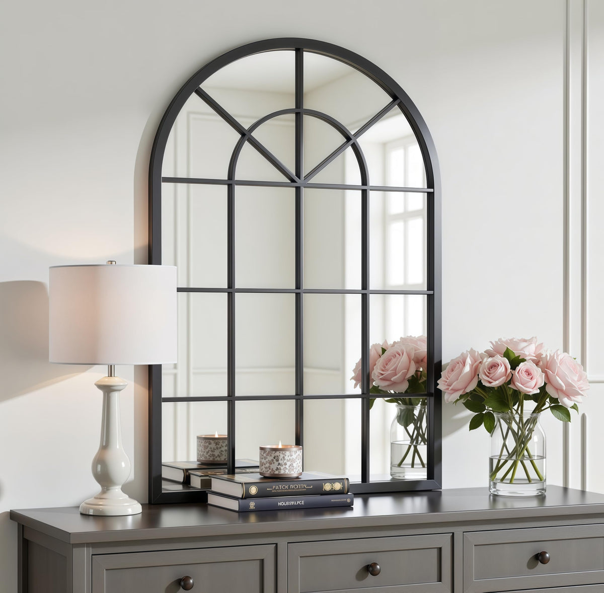 Arched Wall Mirror, 42"x30" Metal Frame Windowpane Mirror, Black