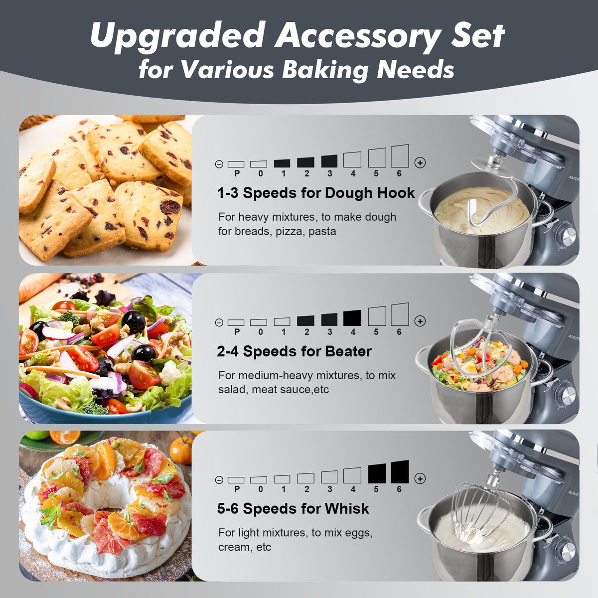 Stand Mixer,8QT 900W Tilt-Head Food Mixer, Kitchen Electric Mixer with Dough Hook, Wire Whip & Beater (Gray, 8QT)