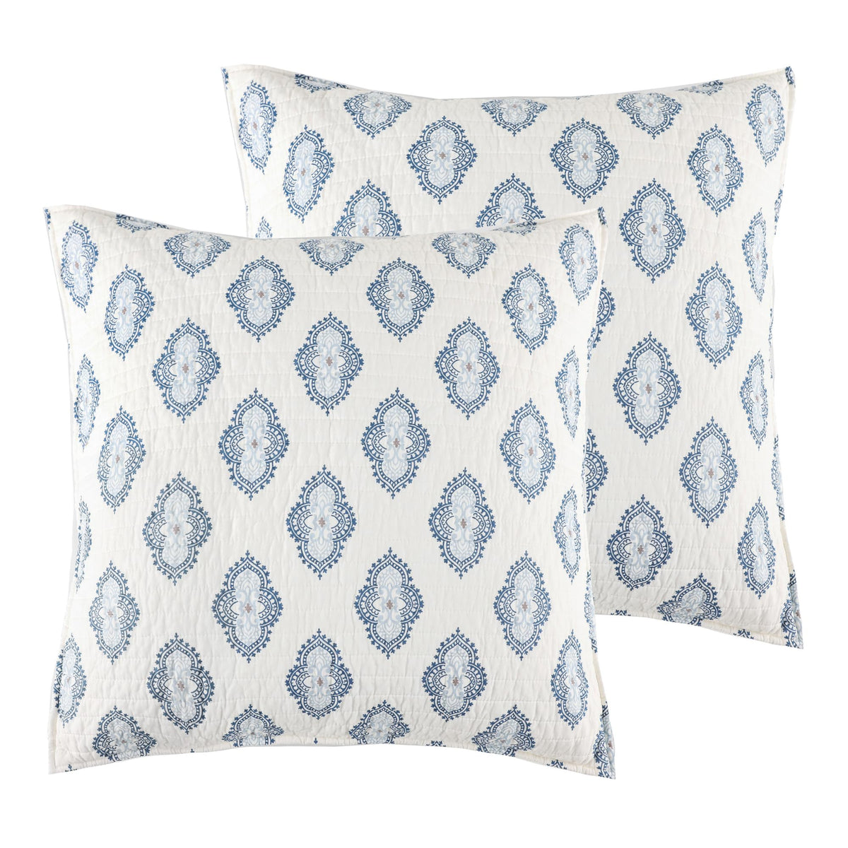 Kasey Blue Euro Sham Set - Two 26x26in Shams - Medallion Print - Blue and Cream - Quilted - Cotton - No Inserts