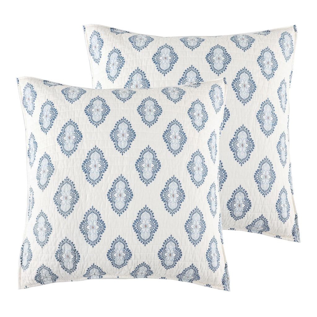 Kasey Blue Euro Sham Set - Two 26x26in Shams - Medallion Print - Blue and Cream - Quilted - Cotton - No Inserts