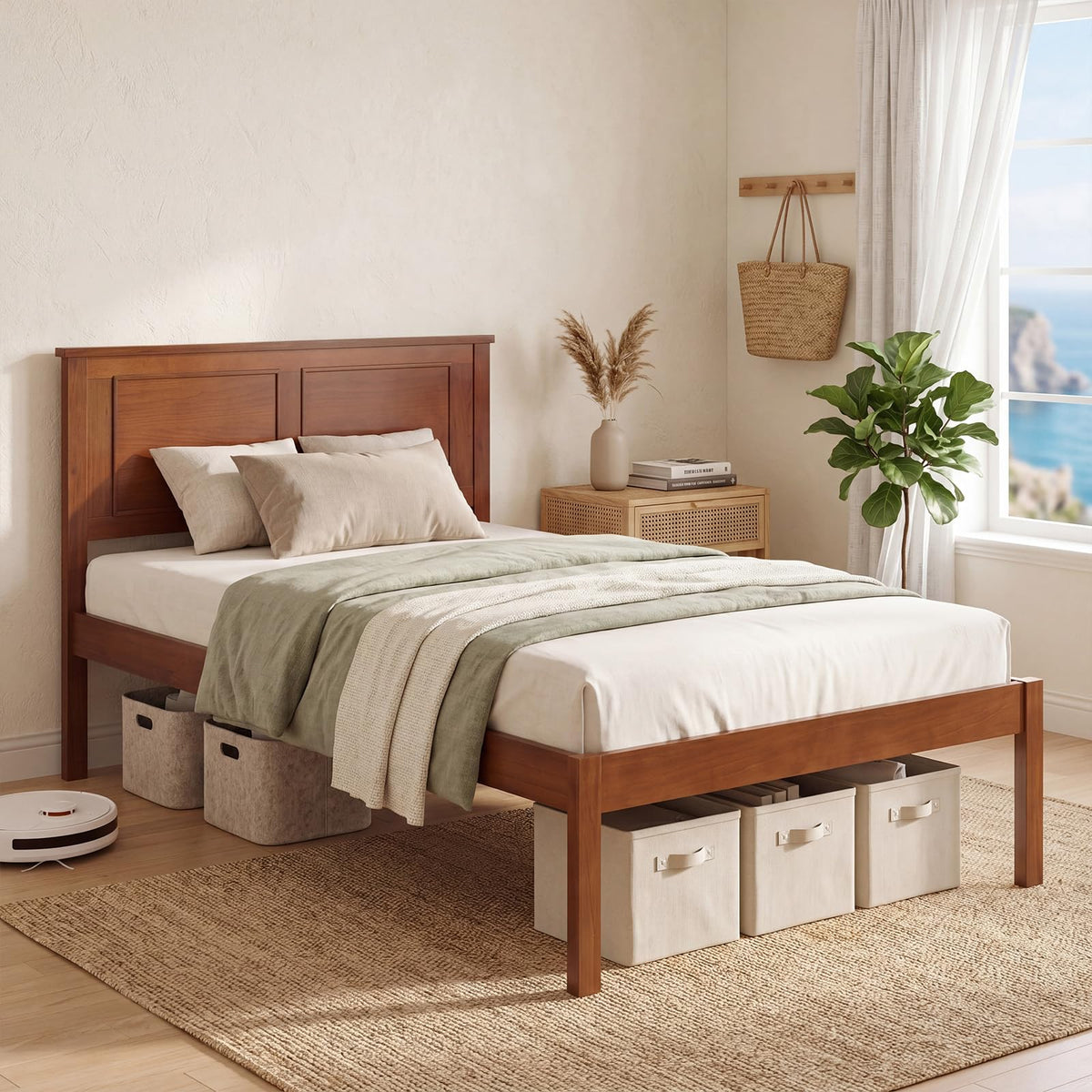 Twin Size Bed Frame, Farmhouse Wooden Platform Bed with Headboard