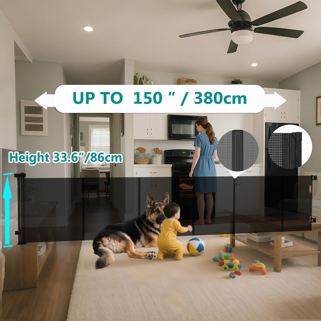 150 Inch Extra Wide Retractable Baby Gate,Mesh Baby Gate or Mesh Dog Gate,34" Tall,Child Safety Gate for Doorways