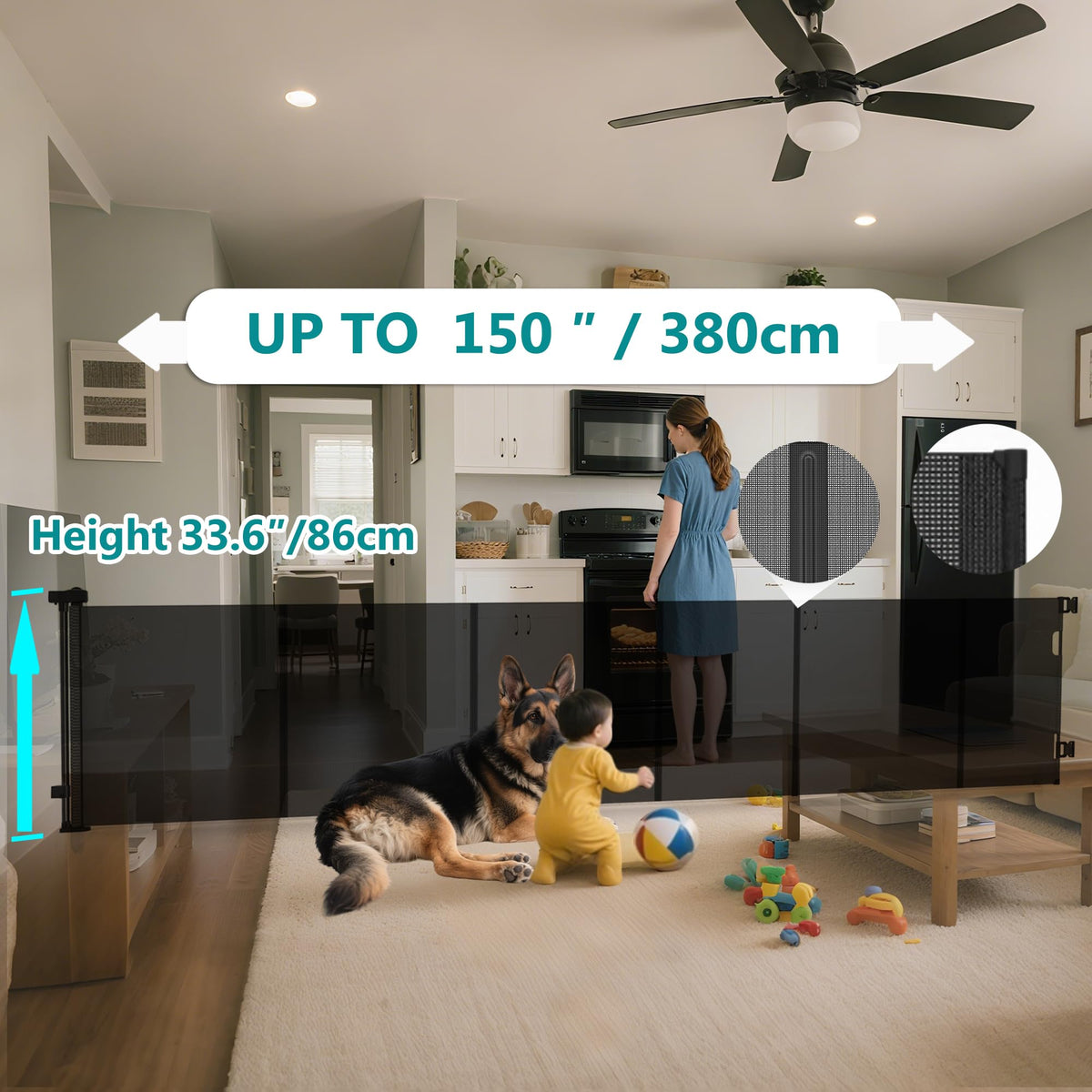 150 Inch Extra Wide Retractable Baby Gate,Mesh Baby Gate or Mesh Dog Gate,34" Tall,Child Safety Gate for Doorways