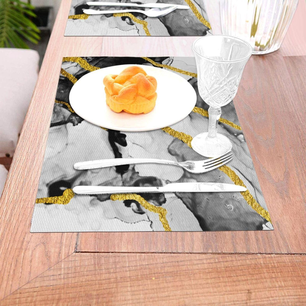 Black White and Gold Marble Linen Placemats Set of 4, Modern Luxury Washable Non-Slip Heat-Resistant Durable Kitchen