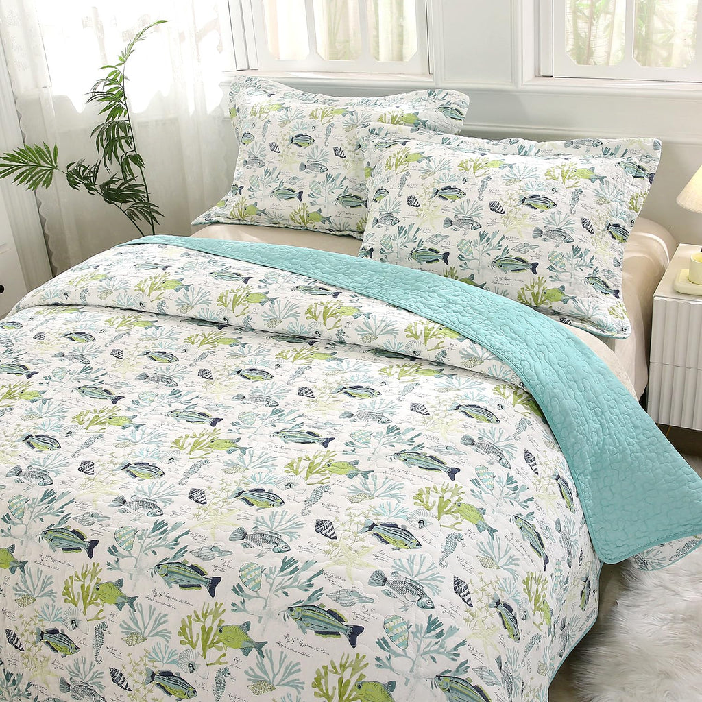 100% Cotton Coastal Quilt Set, Reversible