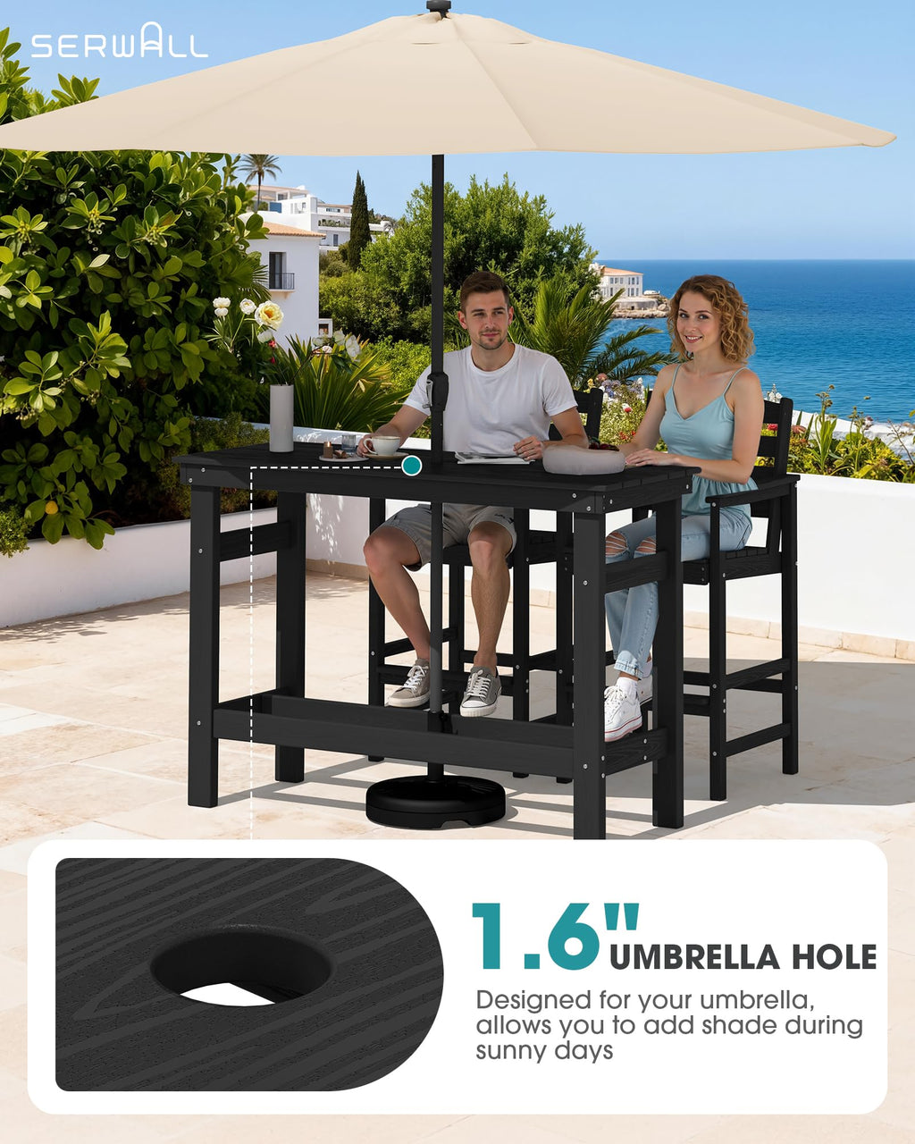 41" HDPE Outdoor Bar Table with 1.6" Umbrella Hole, Black