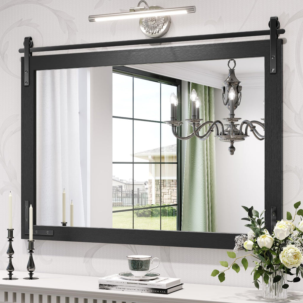 Farmhouse Mirror 40x30 Inch, Black Rustic Bathroom Mirror Vanity, Wood Framed Rectangular Wall Decorative Mirrors
