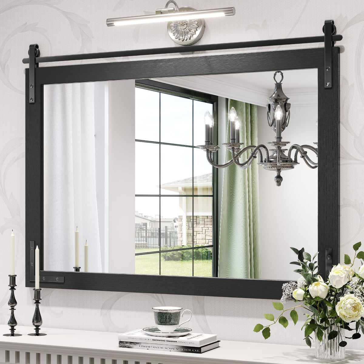 Farmhouse Mirror 40x30 Inch, Black Rustic Bathroom Mirror Vanity, Wood Framed Rectangular Wall Decorative Mirrors