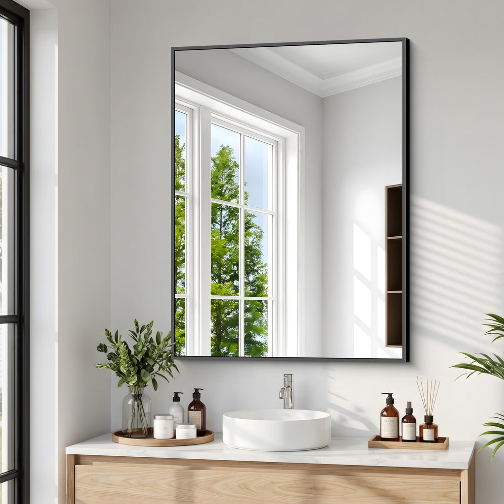 Bathroom Mirror, 24x30 inch Wall Mirror Wall Mounted Black Rectangle Square Corner Mirrors, Black Bathroom Mirror