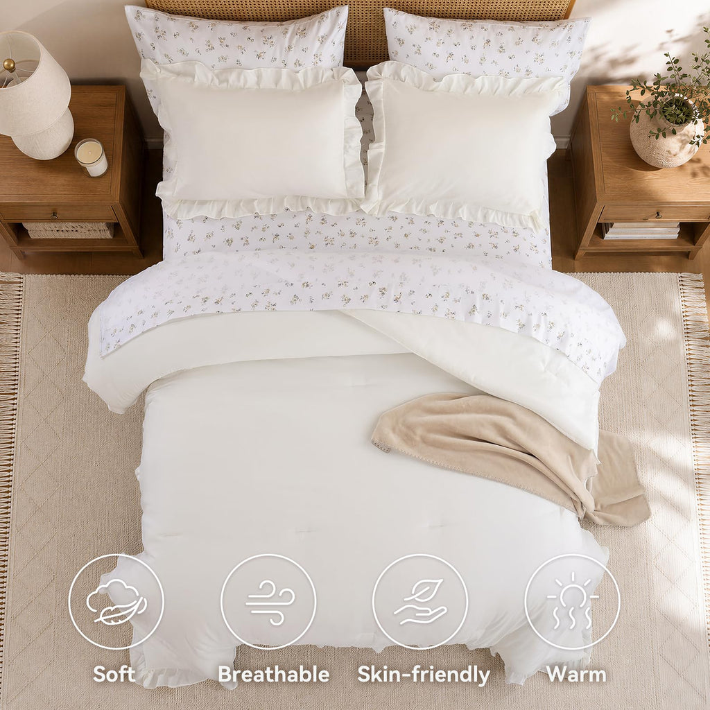 Ruffle Comforter Set with Floral Sheets 7 Pieces Cream White