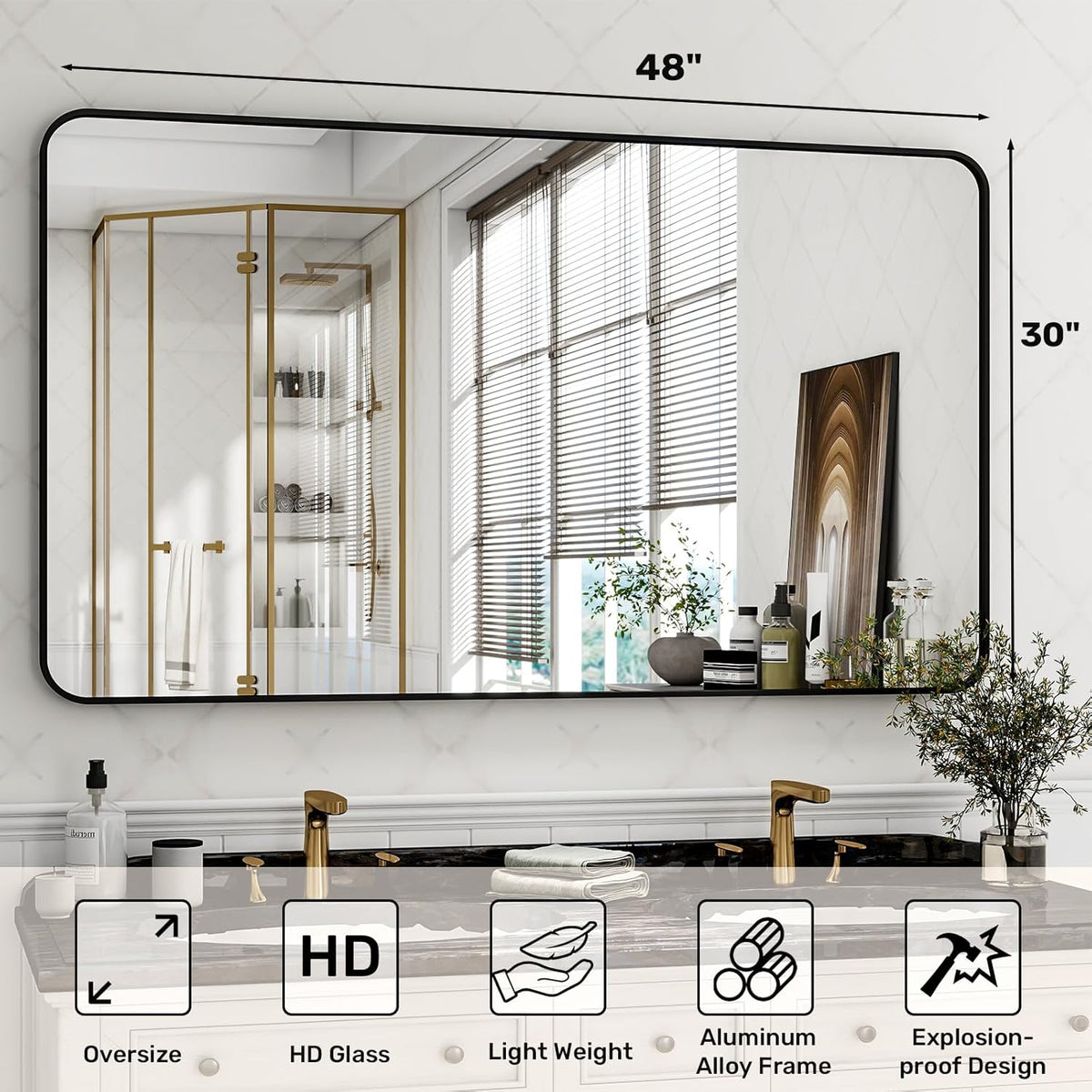 30 x 48 Inch Bathroom Mirror, Rounded Rectangular Vanity Mirror for Wall, Modern Mirror for Room Decor, Black Framed