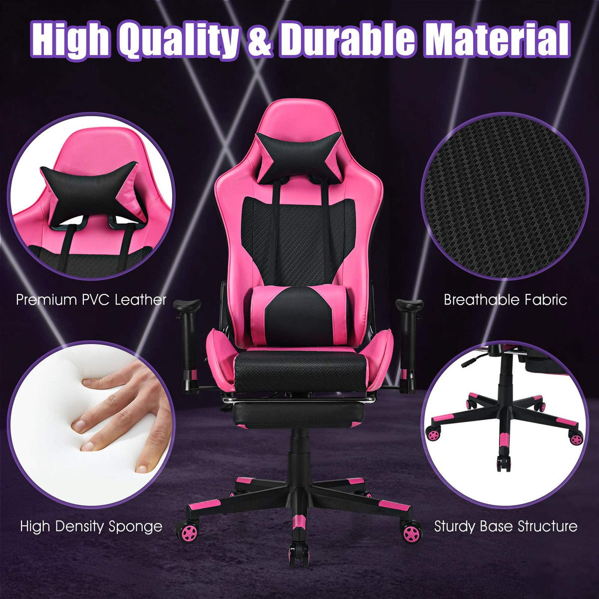 Massage Gaming Chair Pink, Ergonomic Video Game Chair with Footrest, High Back E-Sport Computer Chair with Headrest &