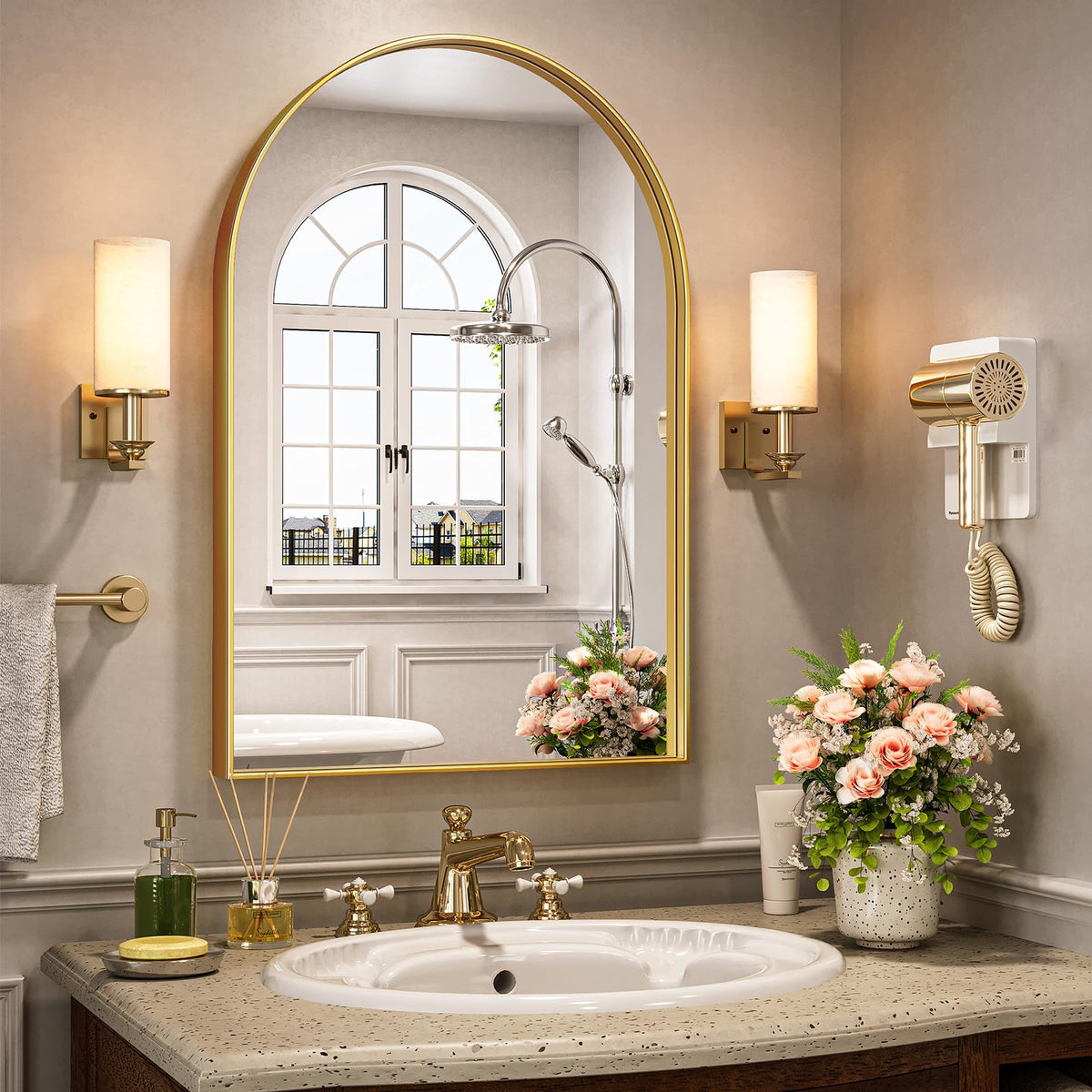 Arched Mirror, Arched Wall Mirror, 20 x 30 Inch Gold Arch Mirror, Metal Frame Gold Bathroom Mirror, Arched Top