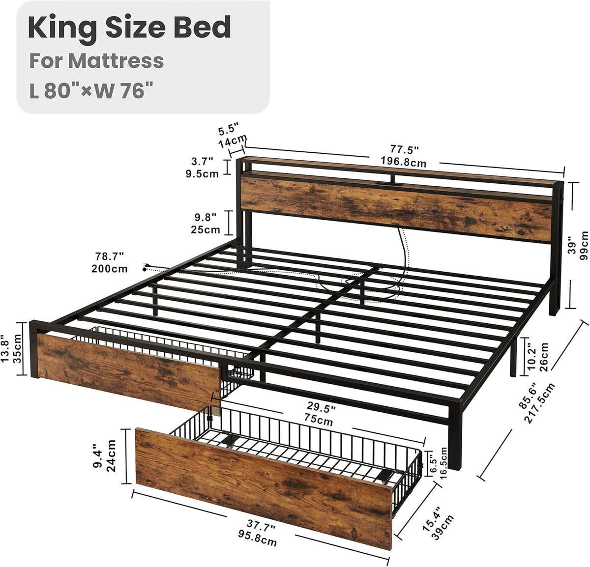 King Bed Frame with Storage Headboard, Platform King Bed with 2 Drawers and Charging Station, Heavy-Duty Metal Slats
