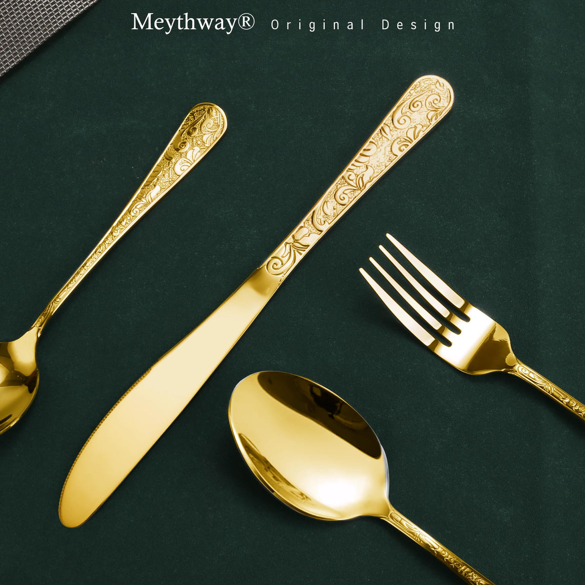 40-Piece Vintage Carved Gold Silverware Set for 8, Stainless Steel Flatware Set with Knife/Fork/Spoon, Cutlery Set