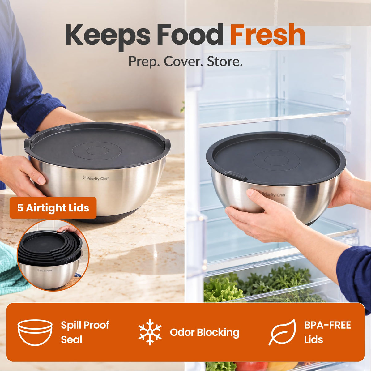Premium Mixing Bowls with Airtight Lids Set, Thicker Stainless Steel, Black