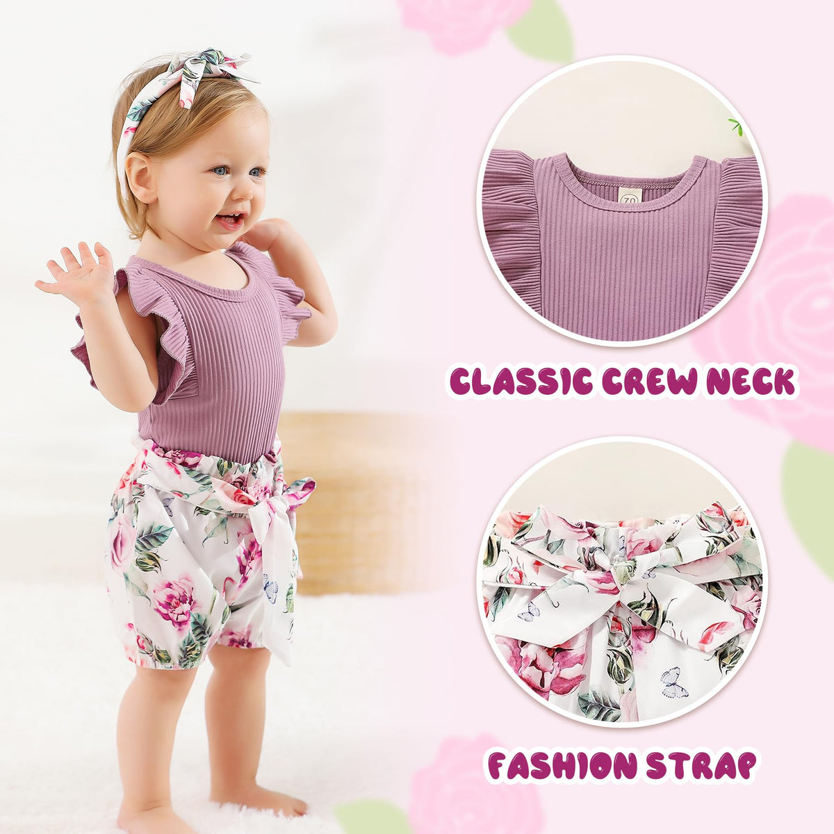 Baby Girl Clothes Infant Summer Outfits Set Ruffle Sleeve Romper and Floral Shorts with Headband