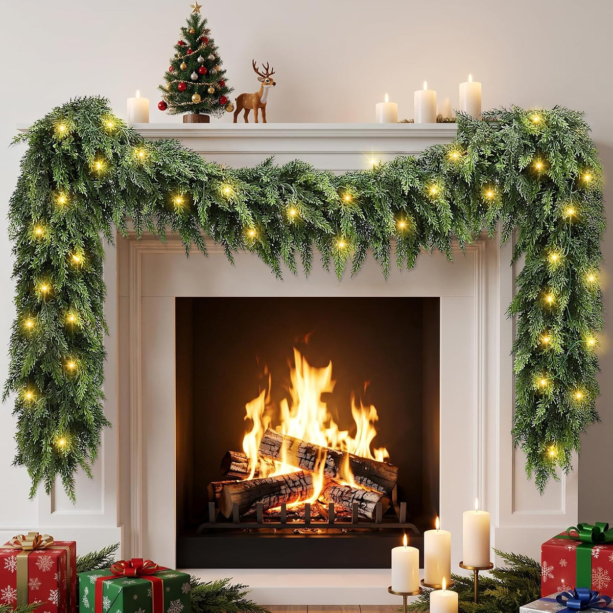 18 FT (2 * 9FT) Cedar Garland with Lights - Realistic Prelit Christmas Garlands for Mantle, Stairs, Fireplace, Indoor