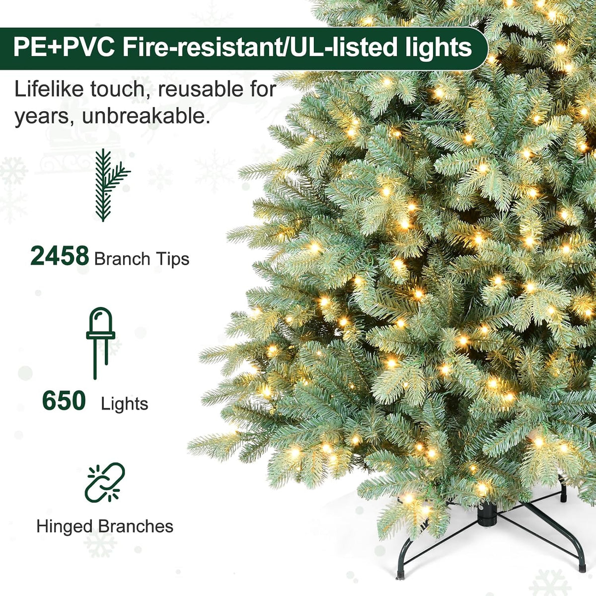 Prelit Artificial Christmas Tree, Blue Spruce Xmas Tree with Lights & Easy Setup Hinged Design, Realistic PE/PVC