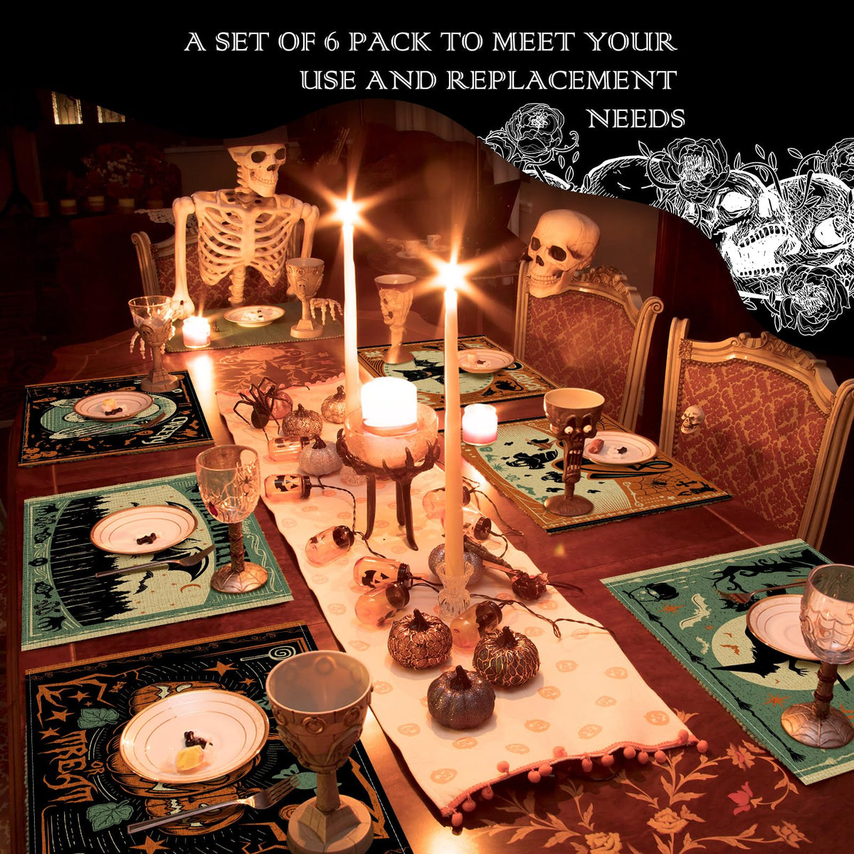 6 Pcs Halloween Placemats 12"x18" Gothic Bat Placemats Kitchen Decoration Washable Witch Place Mats Rectangle Skull