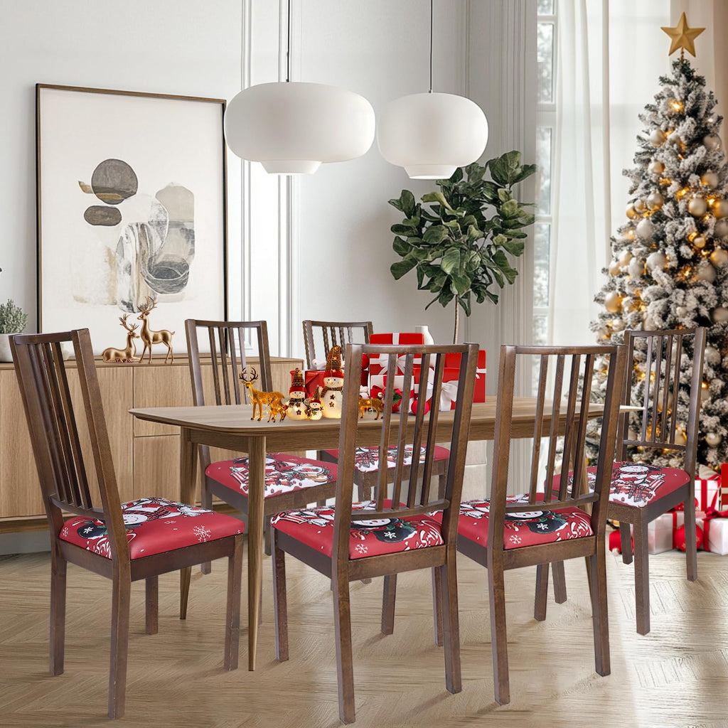 6 Pack Christmas Seat Covers Chairs Stretch Printed Xmas Chair Seat Covers, Removable Upholstered Chair Seat