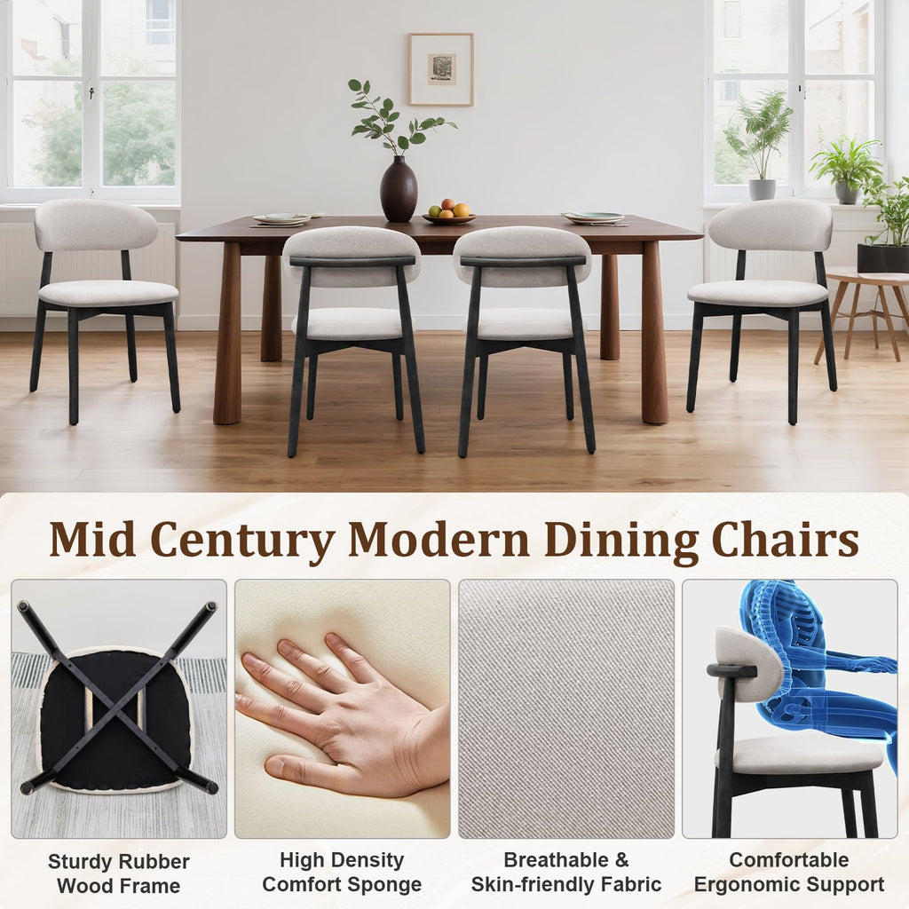Farmhouse Set of 8, Mid Century Modern Fabric Upholstered Kitchen Chairs, Wooden Dining Room Chair with Curved Back