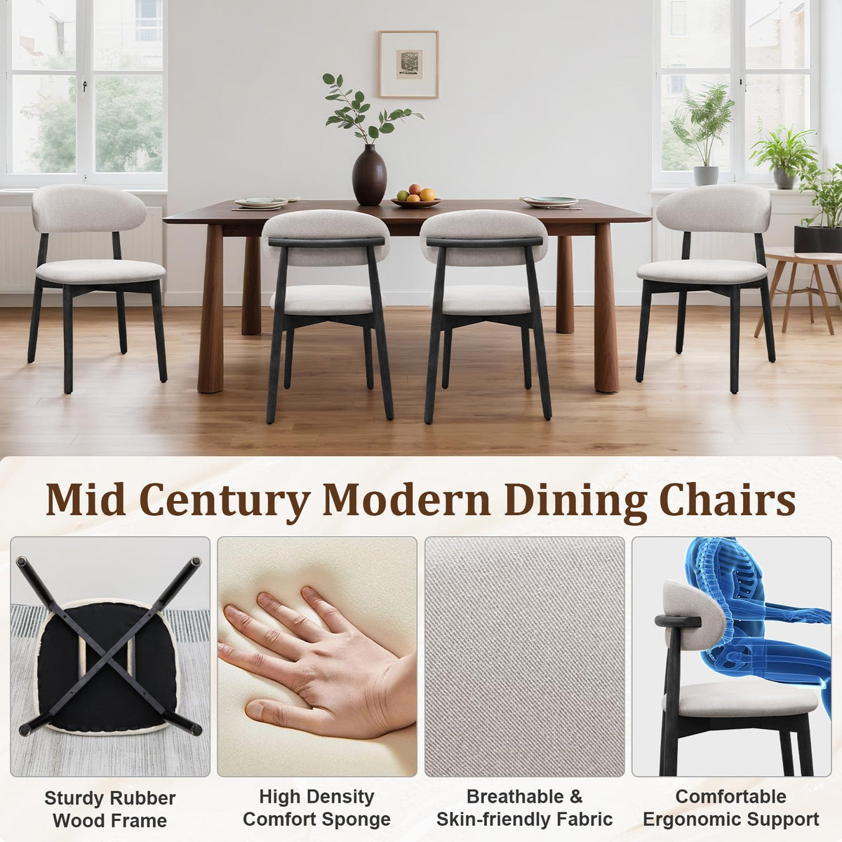 Farmhouse Set of 8, Mid Century Modern Fabric Upholstered Kitchen Chairs, Wooden Dining Room Chair with Curved Back