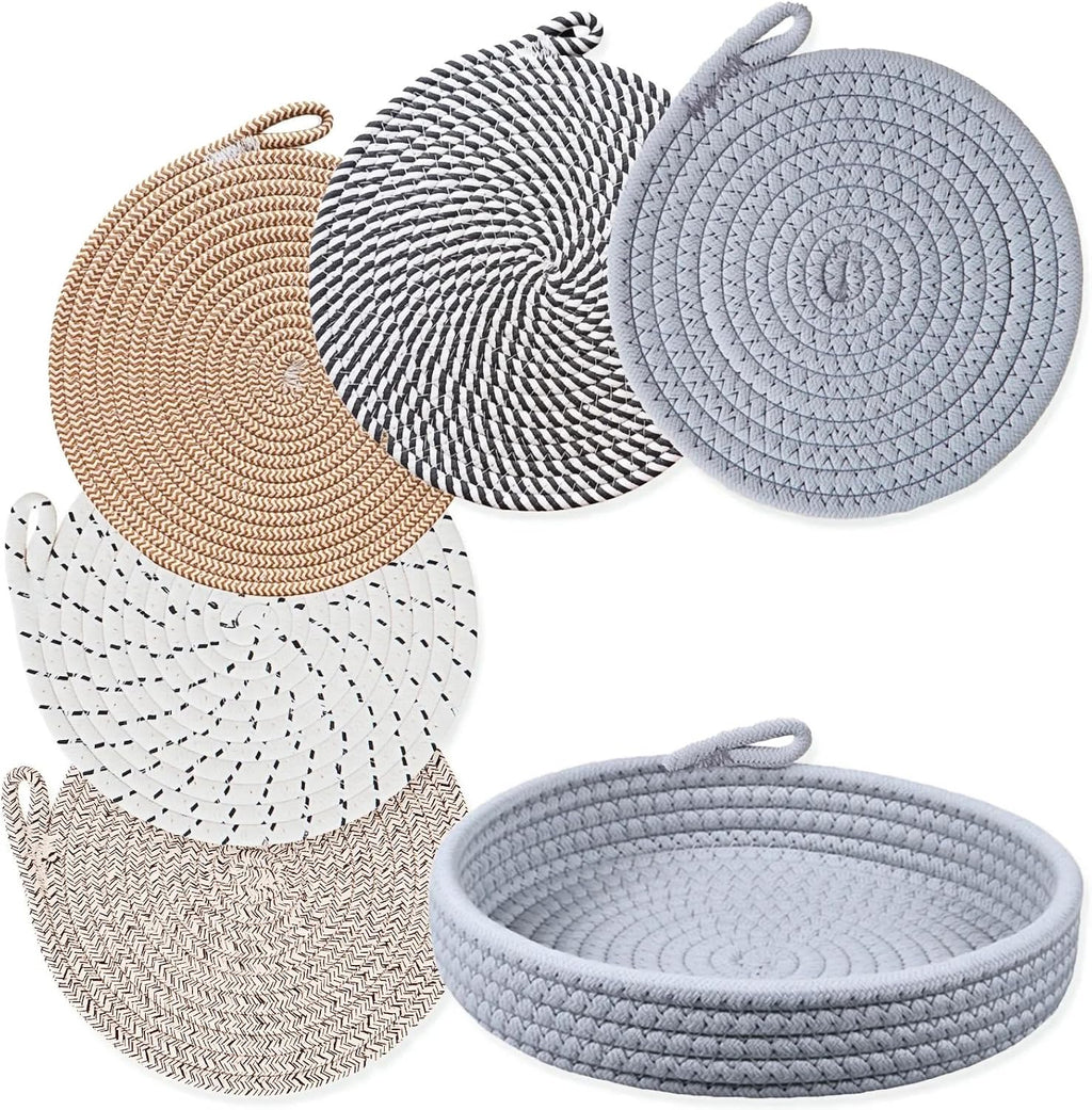 Inch Cotton Trivets for Quartz Countertops with Storage Basket - Thick Woven Hot Pads for Large Pots - Set of 5