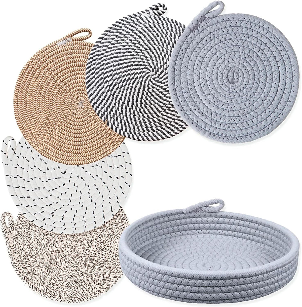Inch Cotton Trivets for Quartz Countertops with Storage Basket - Thick Woven Hot Pads for Large Pots - Set of 5