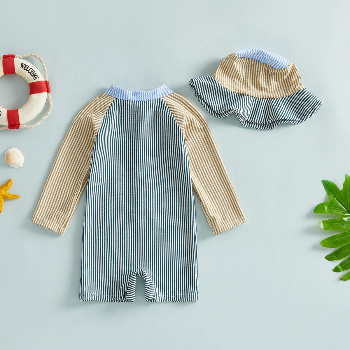 Toddler Baby Boys Seersucker Long Sleeve One Piece Rash Guard Swimsuit Zipper Bathing Suit Swimwear with Hat