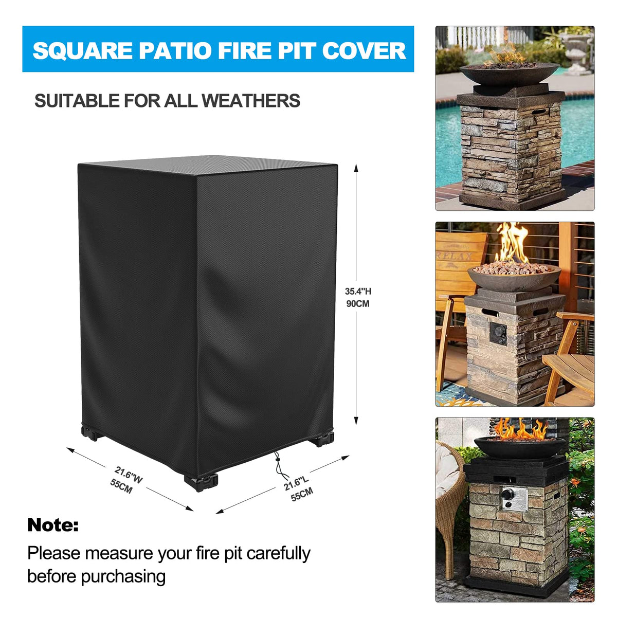Pit Cover Square Waterproof, 21.6"L x 21.6"W x 35.4"H Durable Gas Outdoor Firepit Cover, Patio Fireplace Cover
