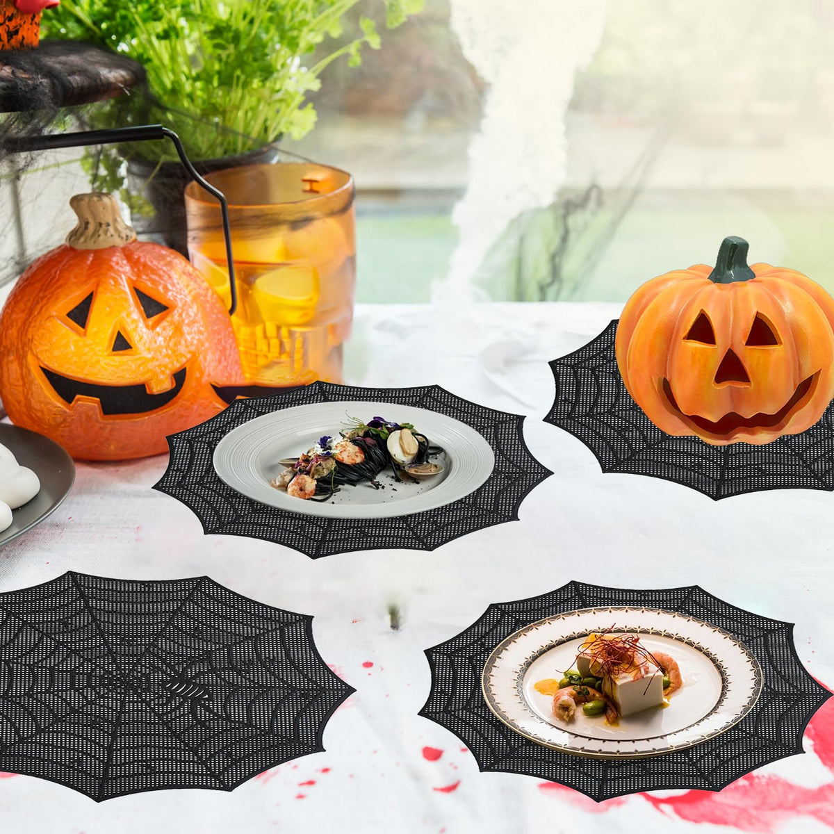 Spider Web Halloween Placemats Set of 8,Black Web Round Table Mats Heat-Resistant for for Dining Table Party