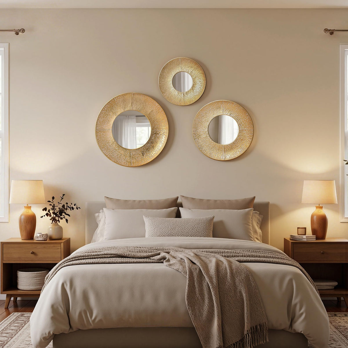 Set of 3 Sunburst Gold Mirrors for Wall Decor
