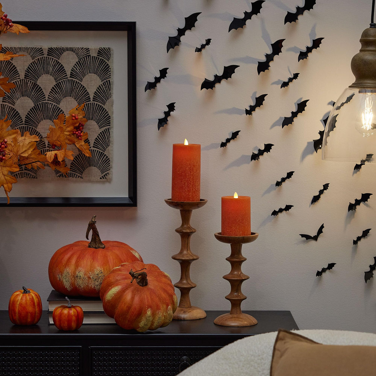 Sea Glass Flameless Candle, Harvest Pumpkin 3" x 6.5", Moving LED Flame Pillar with Timer, Battery Operated, Real