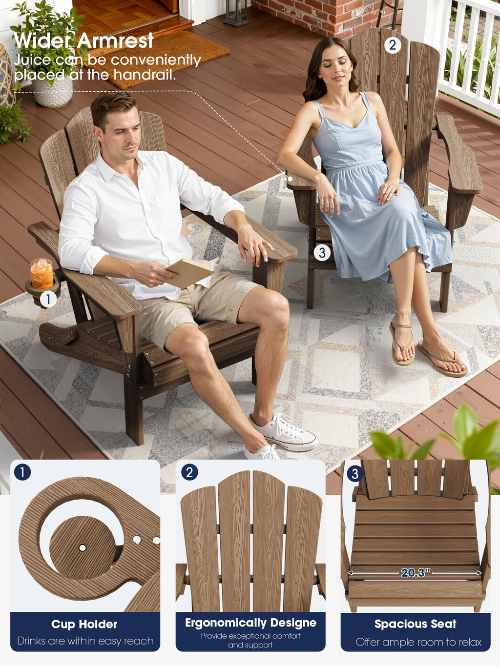 Folding Adirondack Chair Set of 2 with Cup Holder, Brown
