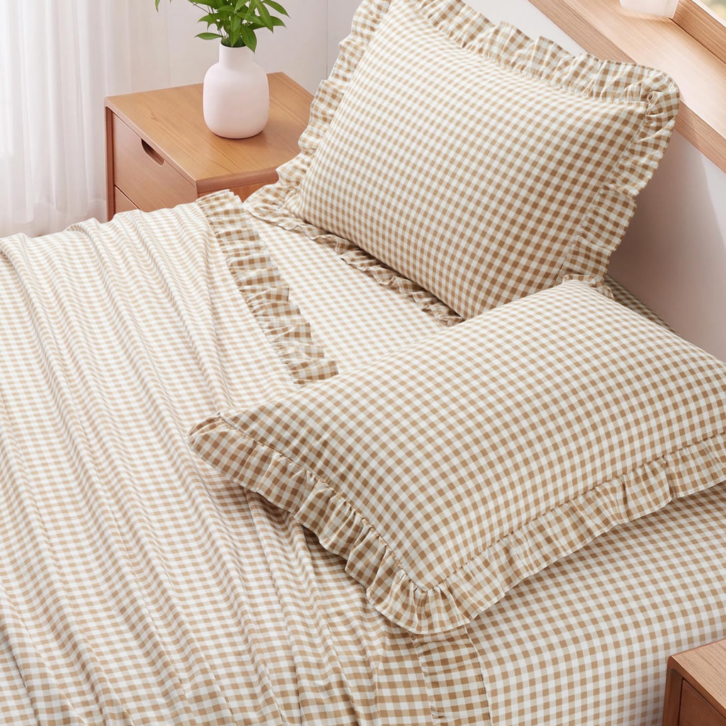 Gingham Ruffle Sheet Set, Taupe Microfiber Plaid Bed Sheets