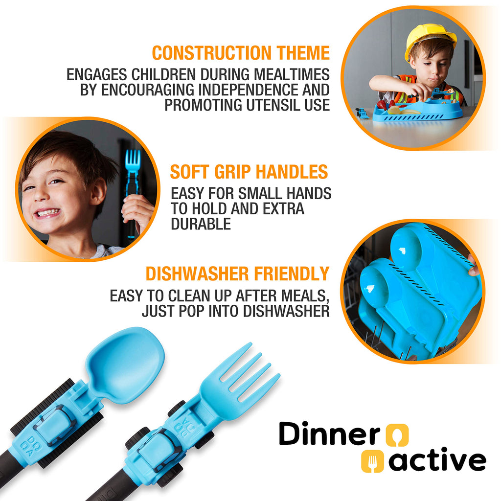 2-Piece Construction Themed Toddler Utensil Set - Blue Plastic Tractor Fork & Loader Spoon