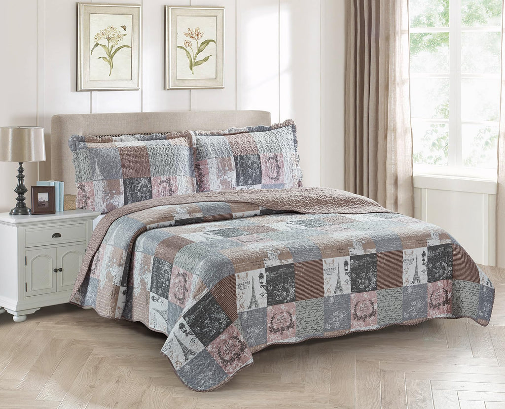 Latte Grey Paris & Toile Floral Patchwork Quilt Set