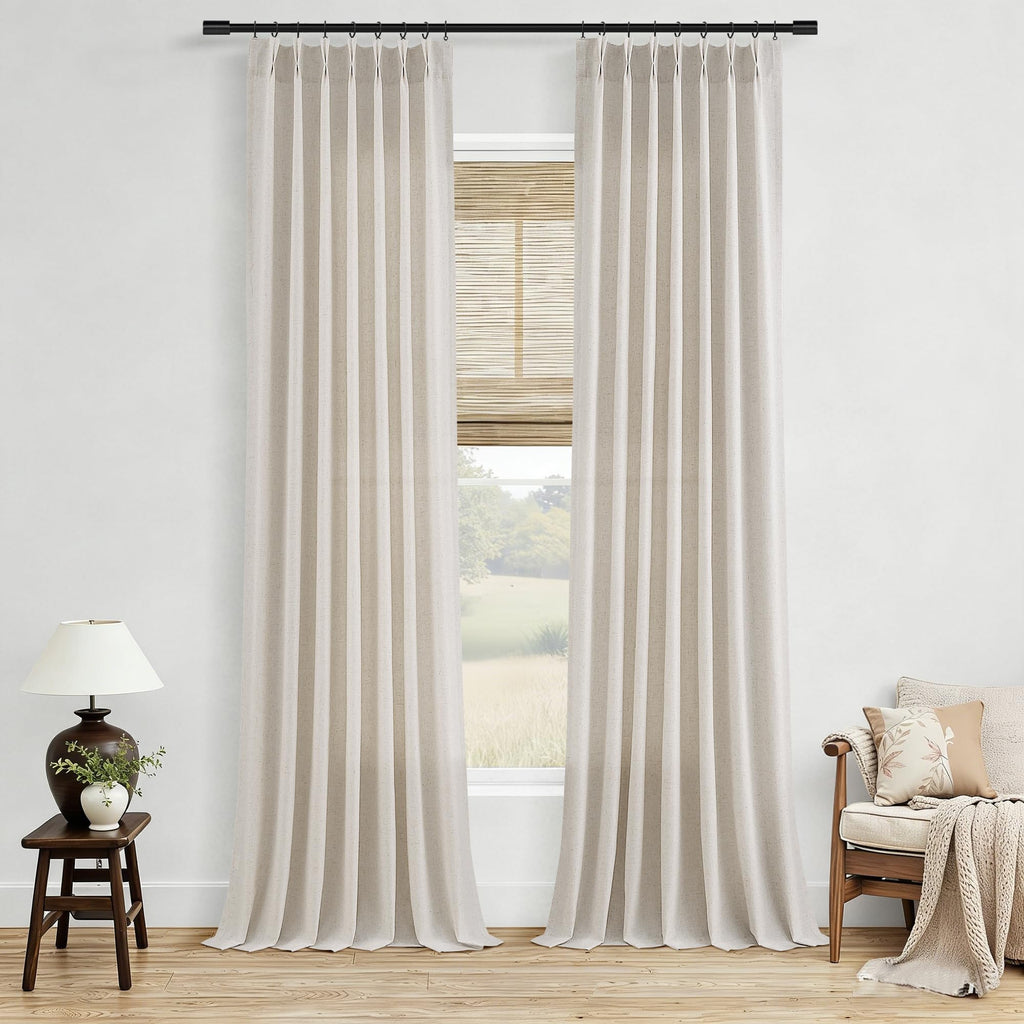 Mousse White Pinch Pleated Linen Curtains 112 Inches Long Bedroom Light Filtering Neutral Farmhouse Curtain 112