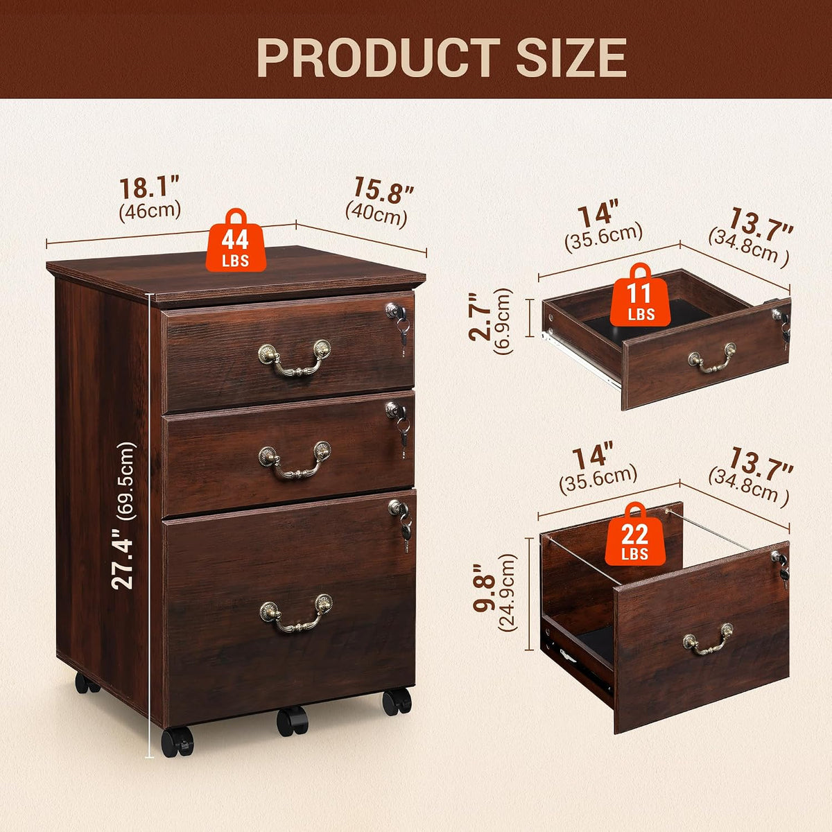 3 Drawer File Cabinet with Lock, Wood Filing Cabinet, Brown Oak | Mobile Wood File Cabinet for Under Desk Storage