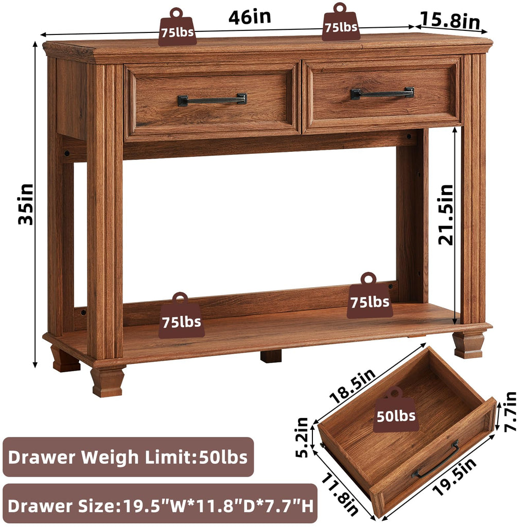 46" Farmhouse Console Table with Drawers, Brown Entryway Table