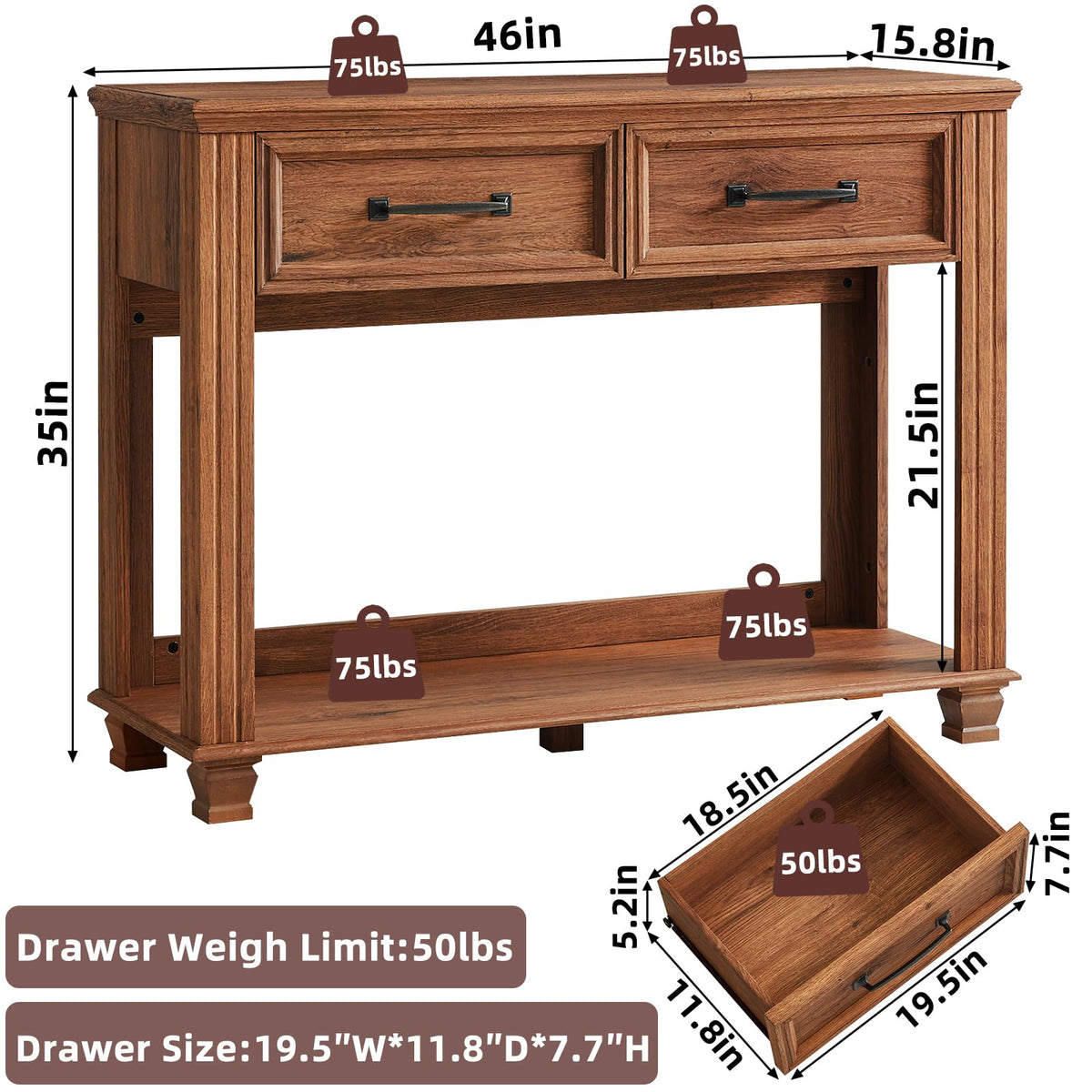 46" Farmhouse Console Table with Drawers, Brown Entryway Table