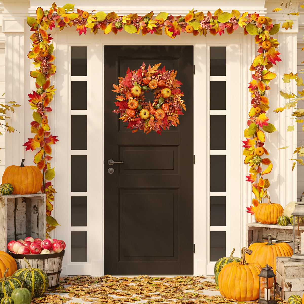 Fall Wreath 23'' Artificial Autumn Front Door Wreath with Large Pumpkins Clusters of Berries Maple Leaves Acorn for