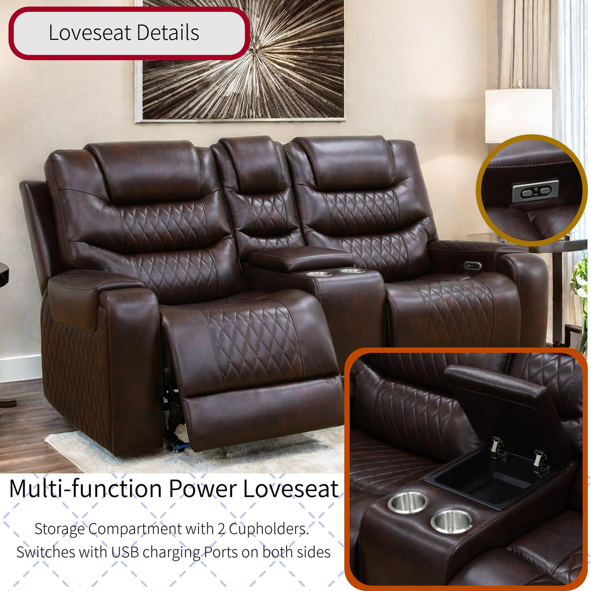 Living Room Furniture Set, Power Reclining Sofa Set, Air Leather Recliners with Built-in USB Ports and Storage